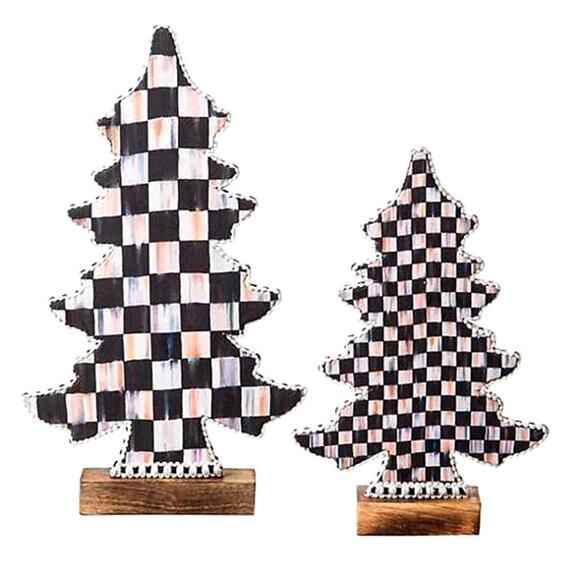 MACKENZIE-CHILDS Courtly Check Forest Christmas Trees Set of 2 Black White New - Picture 1 of 10